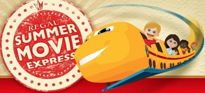 Illustration of a happy yellow train with smiling passengers, next to a red and beige sign that reads Regal Edwards Summer Movie Express.