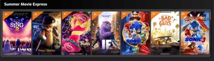 Movie posters for Sing 2, Puss in Boots, Trolls, Monsters Inc., Sonic 2, The Bad Guys, and Sonic 3—solid for fans of the Regal Edwards Summer Movies lineup.