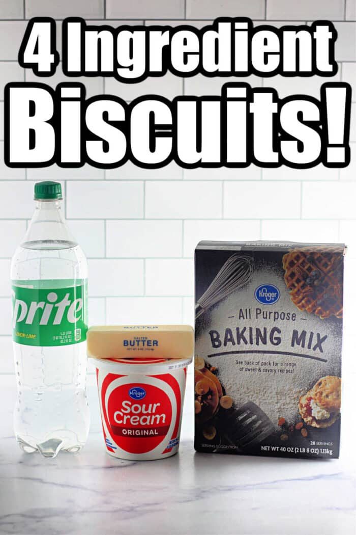 Ingredients for bisquick butter swim biscuits: Sprite, sour cream, butter, and a box of all-purpose baking mix. solid for creating 4 Ingredients Basic Biscuits!