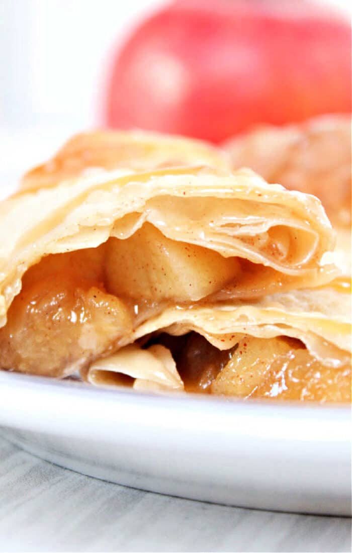 Close-up of apple egg rolls on a white plate, showcasing flaky pastry and spiced apple filling reminiscent of air fryer apple pie egg rolls.