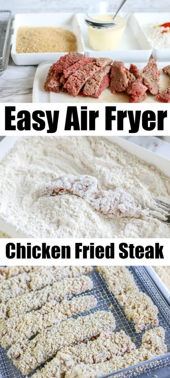 Raw steak and breading ingredients, steak coated in flour, then placed on an air fryer tray, labeled as air fryer chicken fried steak.