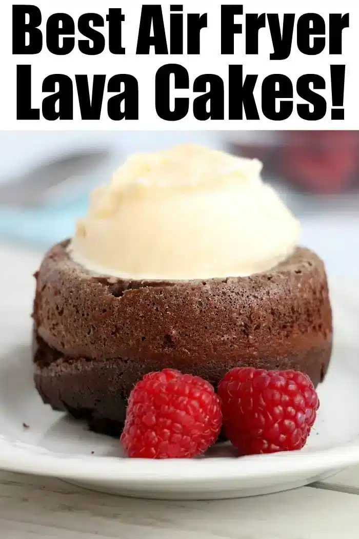 Chocolate lava cake with vanilla ice cream and raspberries—a must-try for air fryer dessert recipes lovers.