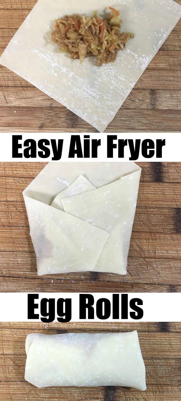 Learn the step-by-step process of folding delightful air fryer egg rolls on a wooden surface, creating perfectly crispy treats every time.
