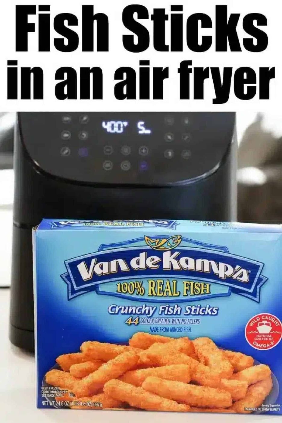 A box of Van de Kamp's air fryer fish sticks sits in front of an air fryer set to 400°F for 5 minutes, ready for a quick and crispy meal.