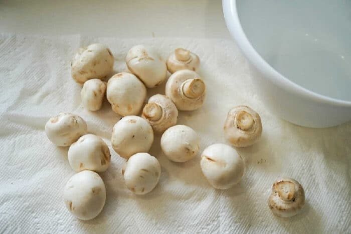 White mushrooms, solid for air fryer mushrooms, scattered on a paper towel next to a white bowl.