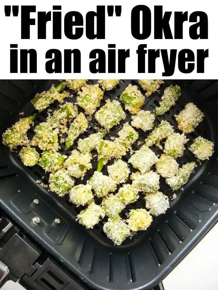 Chopped okra perfectly coated in breadcrumbs sits inside the air fryer basket, showcasing how to create good fried okra without the mess.
