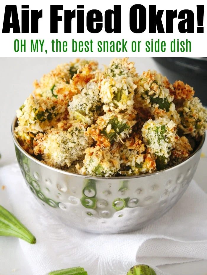 A bowl of good air fryer okra with a crispy coating is elegantly placed on a white napkin.