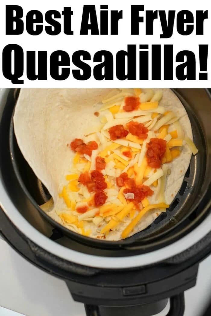 Crispy tortilla with melted cheese and salsa in an air fryer, with text: Best Air Fryer Quesadilla! Try this easy air fryer quesadilla recipe for a tasty snack.