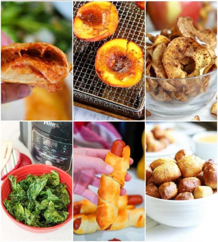Collage of good air fryer snacks: pizza rolls, peaches, apple chips, kale chips, pigs in a blanket, and pretzel bites.