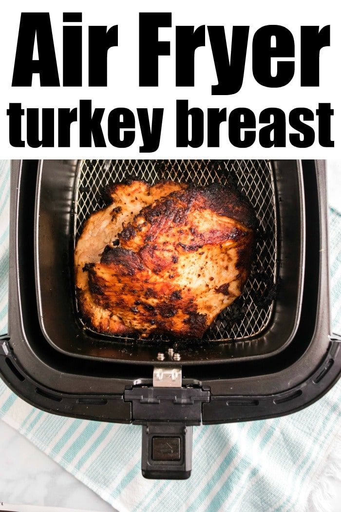 An overhead view captures a savory air fryer turkey breast, perfectly browned and seasoned, resting on a checkered towel. The text above proudly declares "Air Fryer Turkey Breast.