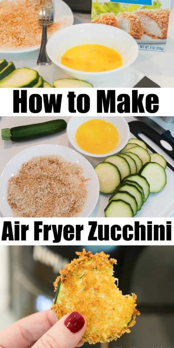 Sliced zucchini, bread crumbs, and egg shown; finished air fryer zucchini chips held with a bite taken.