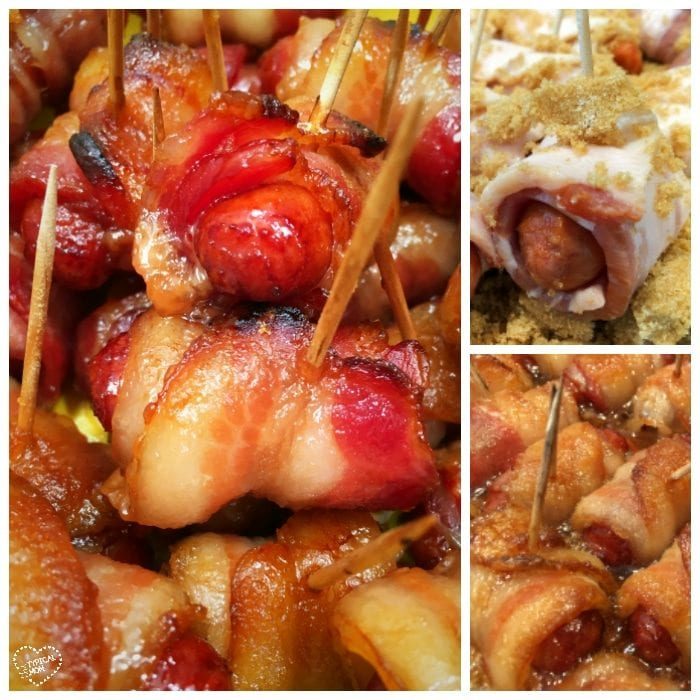 Three images of bacon-wrapped hot dogs with brown sugar, secured with toothpicks. The smaller images highlight the raw preparation, while the main image showcases the cooked, crispy perfection of these bacon-wrapped delights.