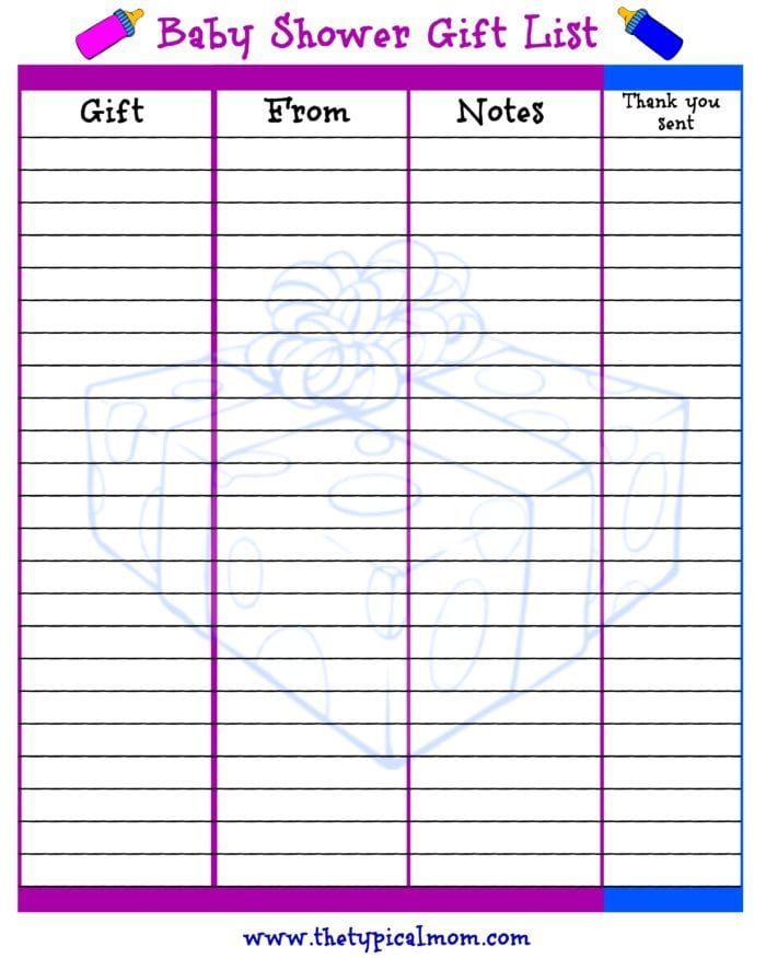 Baby Shower Gift List template featuring columns for Gift, From, Notes, and Thank You Sent. It boasts a purple border with blue and pink pen illustrations at the top corners and a subtle gift box watermark in the background—solid for tracking baby shower guest gifts. Website link at the bottom.