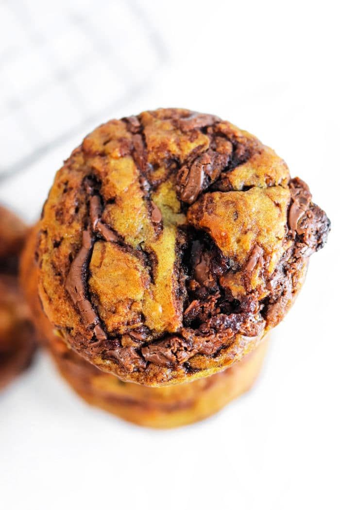A delightful close-up captures a stack of banana Nutella muffins.