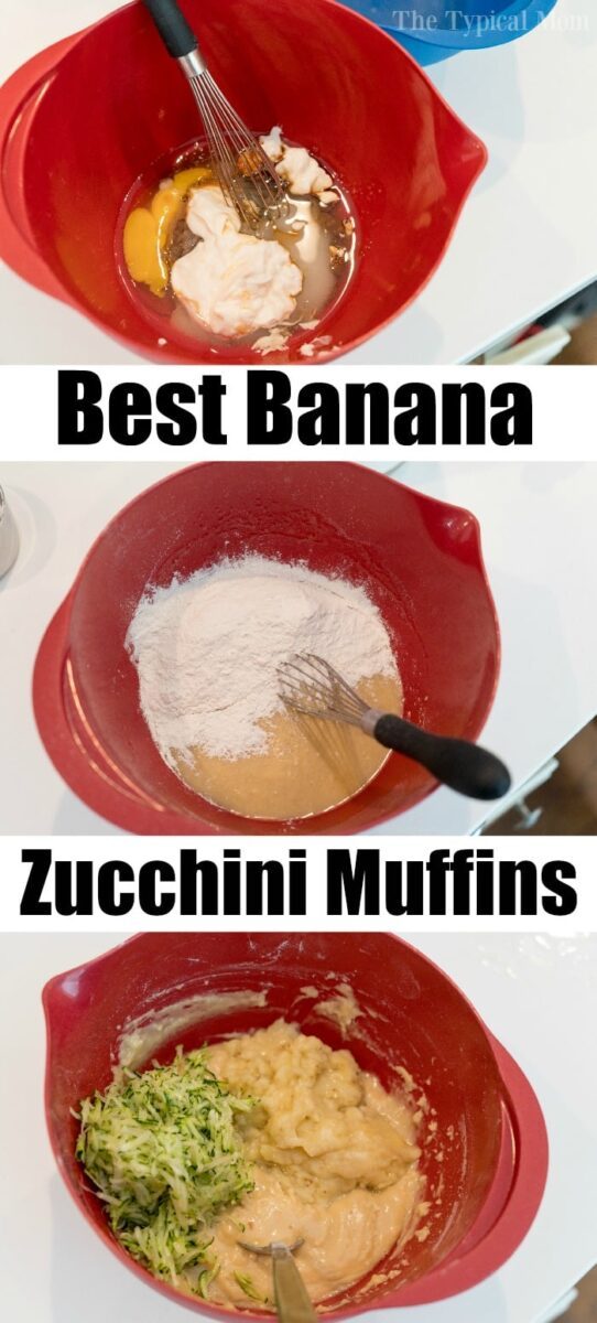 A three-panel image demonstrating steps to make good banana zucchini muffins. The first panel shows a red bowl with a whisk, egg, yogurt, and honey. The second panel shows flour added to the mixture. The third panel shows grated zucchini and mashed banana mixed in.