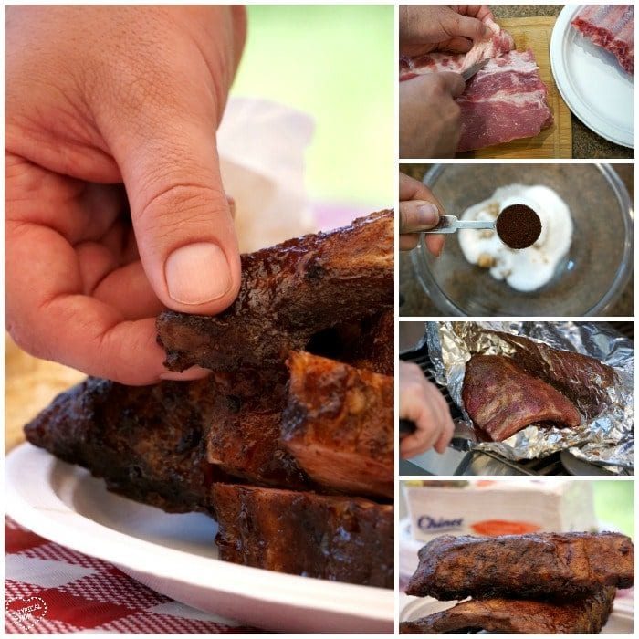 A collage showcasing a mouthwatering barbecue ribs recipe comes to life: seasoning the ribs, carefully wrapping them in foil, and finally, perfectly cooked ribs on a plate held by a hand.