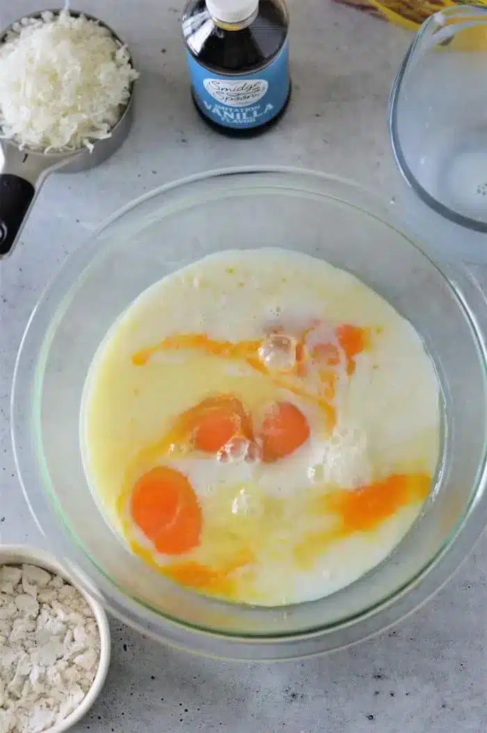 A mixing bowl contains eggs, milk, and other liquid ingredients for a Bisquick Impossible Pie Recipe. Nearby are a measuring cup with white shredded coconut, a bottle of vanilla extract, and a small bowl of flour on a gray countertop.