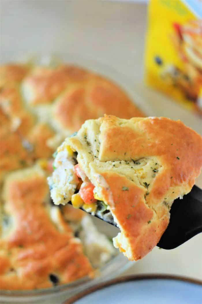 A slice of Bisquick Pot Pie with vegetables and a golden crust rests on a spatula, ready to delight your taste buds.