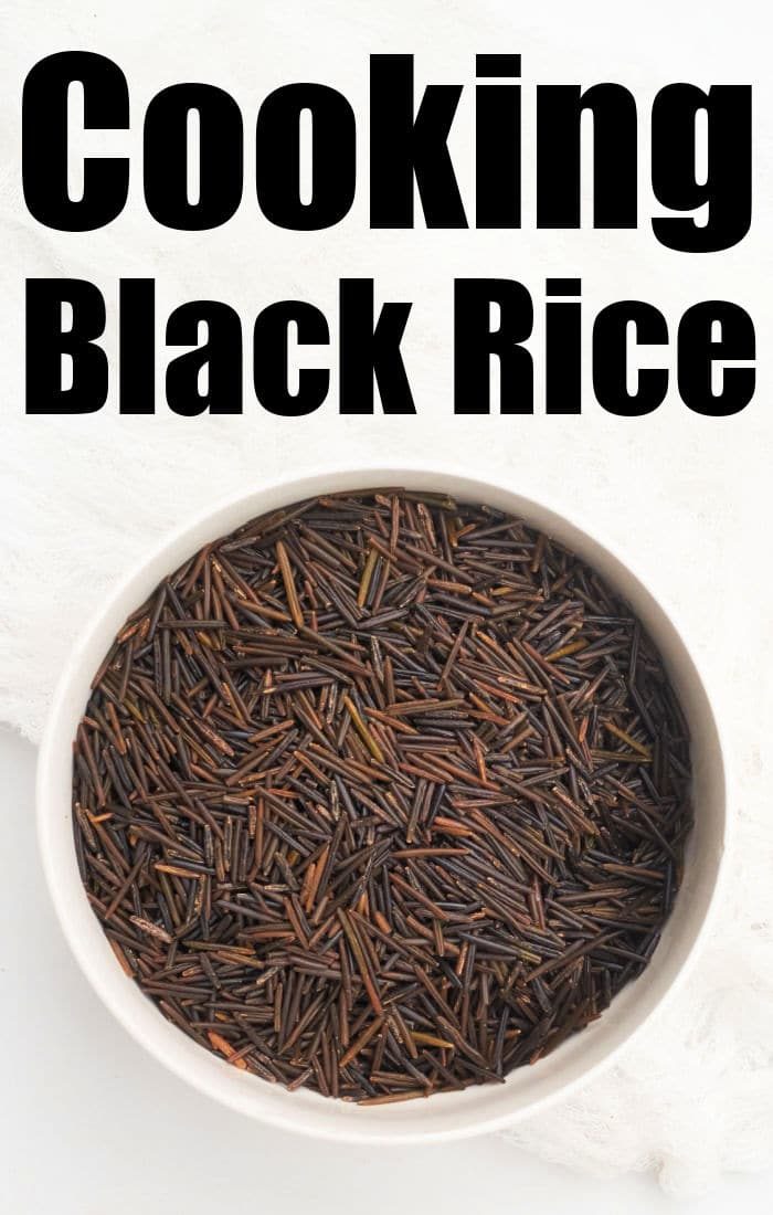 A bowl of uncooked black rice with the text Cooking Black Rice in an Instant Pot above it.