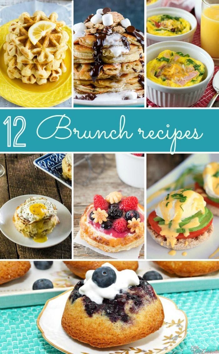 Collage of various brunch dishes, including waffles, pancakes, egg bowls, muffins, and eggs Benedict, with a text overlay of "12 Brunch Recipe Ideas" to spark your own creative brunch menu ideas.