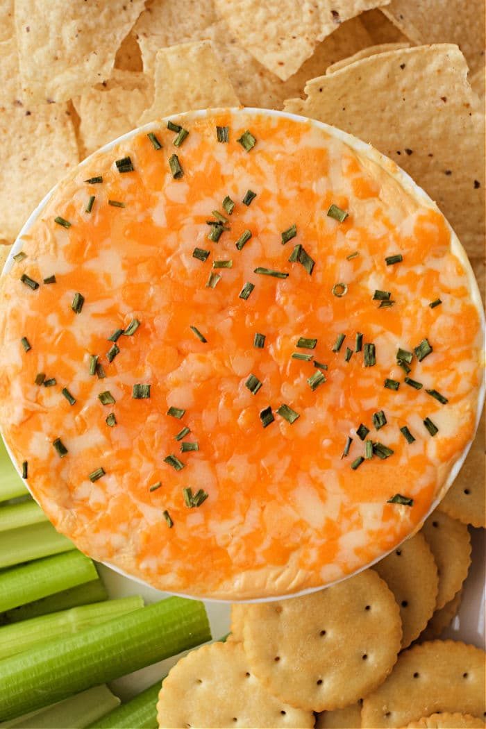 A cheesy buffalo chicken dip, made in an Instant Pot and topped with chives, is surrounded by tortilla chips, celery sticks, and round crackers.
