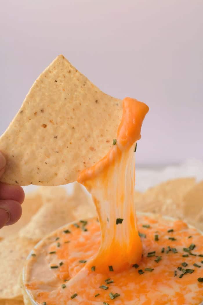 A tortilla chip dipped in gooey cheese with chives, set against a backdrop of crispy chips, is transformed when paired with rich buffalo chicken dip from the Instant Pot.