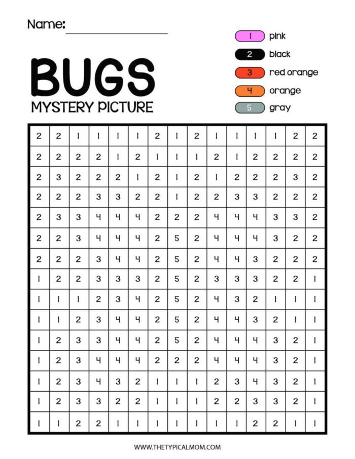 Color-by-number activity titled "Bugs Mystery Picture." The grid contains numbers ranging from 1 to 5. Color key: 1 is pink, 2 is black, 3 is red orange, 4 is orange, and 5 is gray. "Name" field on top left. Website "thetypicalmom.com" at the bottom, solid for fans of Bugs and In