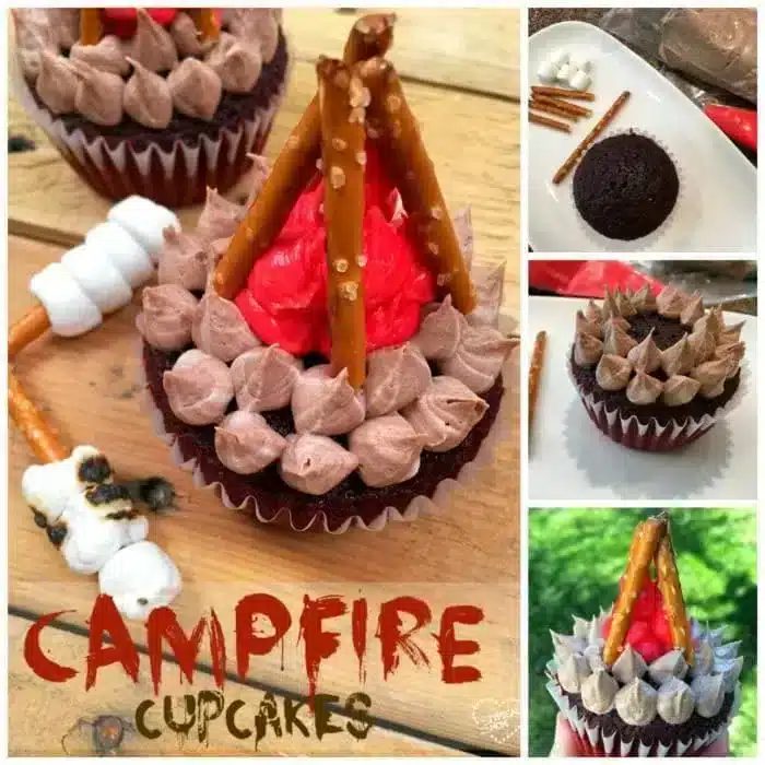 A collage of camping cupcakes captures the theme perfectly. The main cupcake features a pretzel stick teepee with red icing flames and chocolate frosting. Surrounding images reveal the construction process, showcasing ingredients like marshmallows and pretzels, leading to the delightful creation.