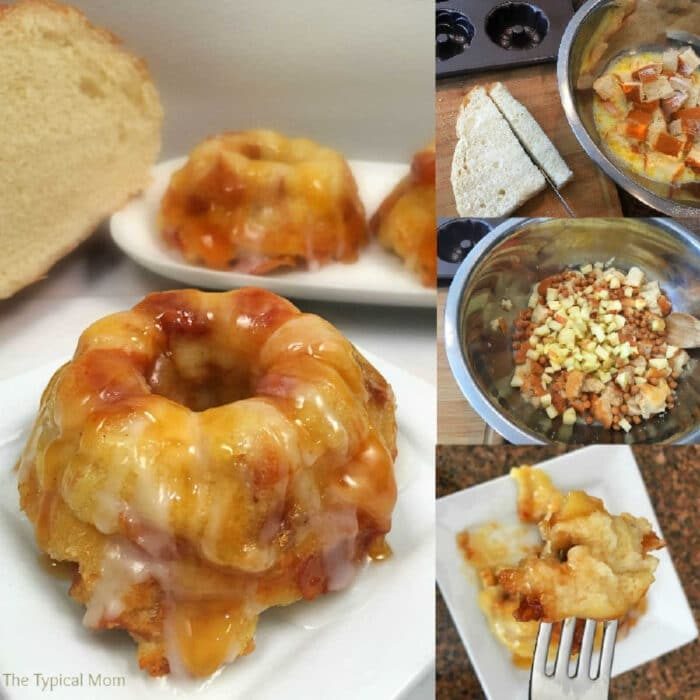 Mini bundt bread puddings with glaze, including a delightful caramel apple bread pudding variation, shown baked, plated, and ingredients being mixed in bowls.