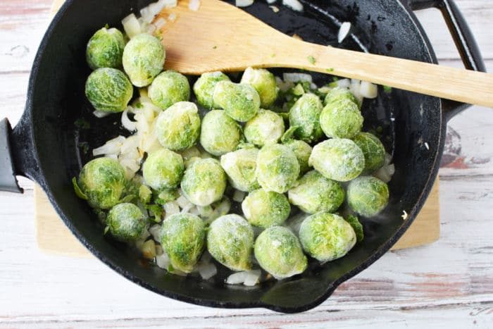 Brussel Sprouts in cast iron skillet