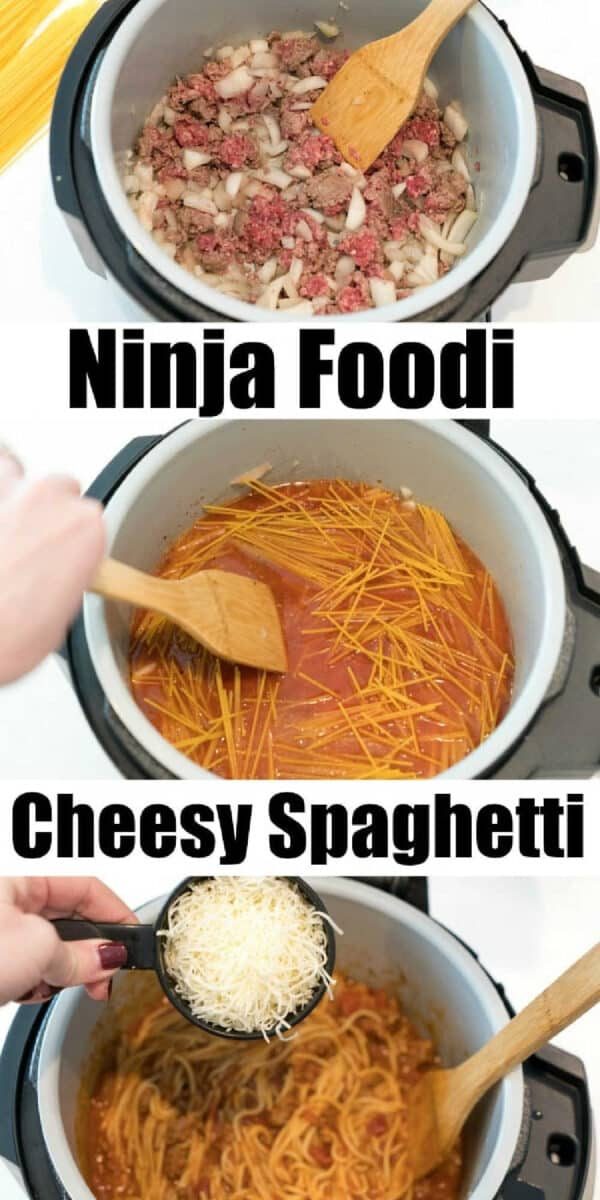 Three steps: brown meat and onions, add pasta and sauce, then use your Ninja Foodi to make cheesy spaghetti topped with shredded cheese.