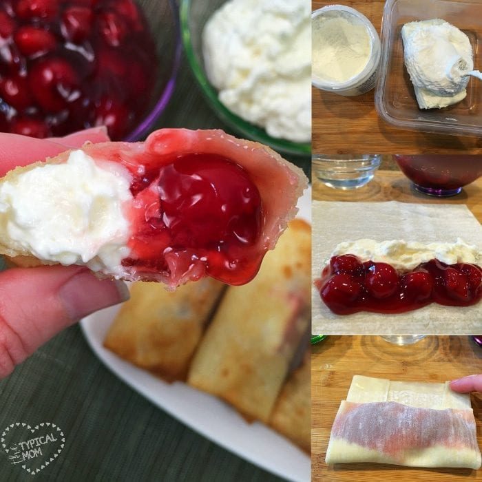 Close-up of a hand holding a cherry and cream-filled pastry with more on a plate behind. Collage includes pastry ingredients and steps of assembling the filling and folding the pastry, reminiscent of crafting delightful cherry cheesecake egg rolls.