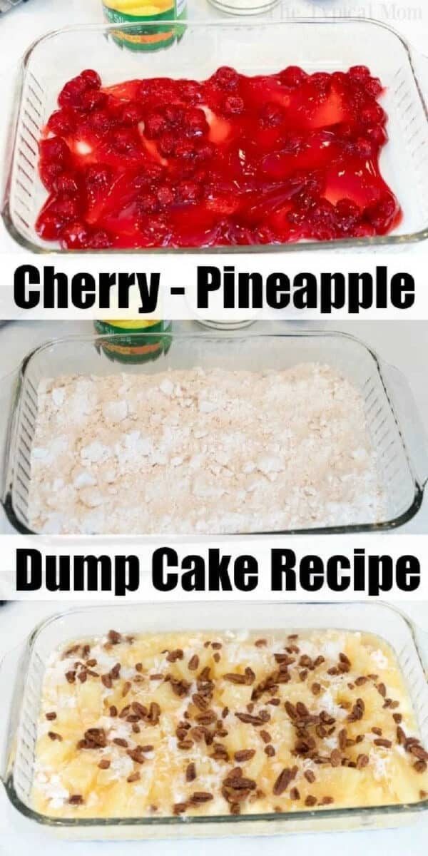 Three simple steps to make a cherry pineapple dump cake with white cake mix in a glass baking dish, showcasing the colorful fruit and crumbly toppings.
