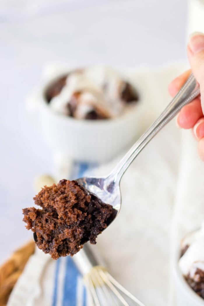 A spoon cradles a bite of rich hot water chocolate cake, while in the background, a bowl brims with more cake topped generously with whipped cream.