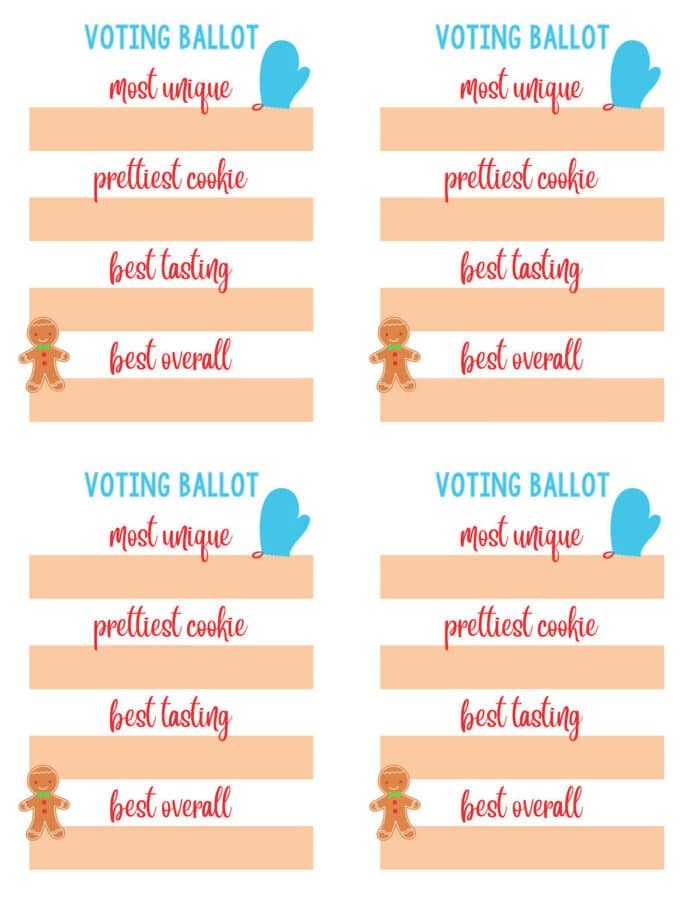 Four identical voting ballots for a cookie competition, each with categories: most unique, prettiest cookie, best tasting, and best overall. Decorated with a blue mitten and gingerbread man.