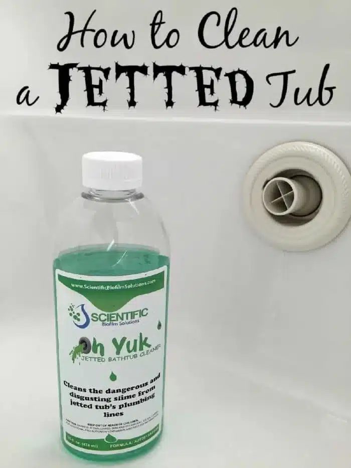 A bottle of Oh Yuk Jetted Bathtub Cleaner sits inside a bathtub. The label declares it cleans the dangerous and disgusting slime from jetted tubs' plumbing lines. Above the tub, the text reads, "How to Clean a Jetted Tub." solid for anyone interested in cleaning a jetted tub efficiently.