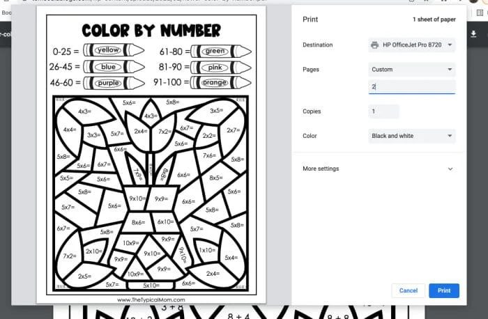 free color by number math pages