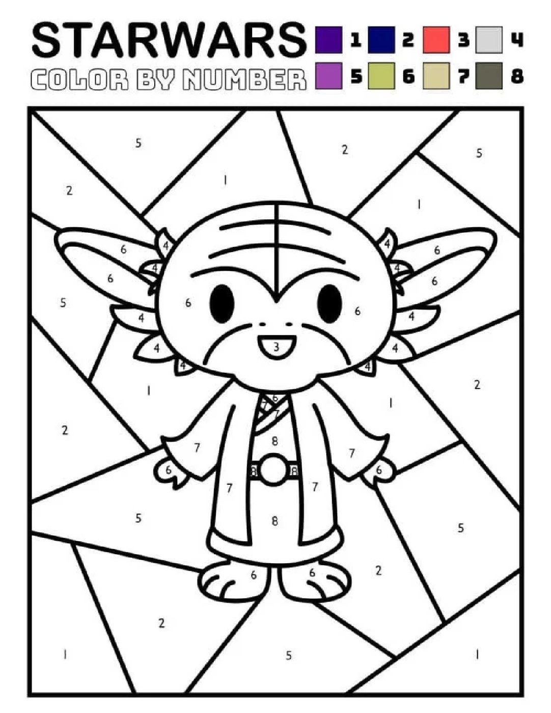 Coloring Pages Star Wars: Enjoy a color-by-number page featuring a cute Star Wars character, complete with a color key at the top and numbered sections throughout for easy coloring fun.