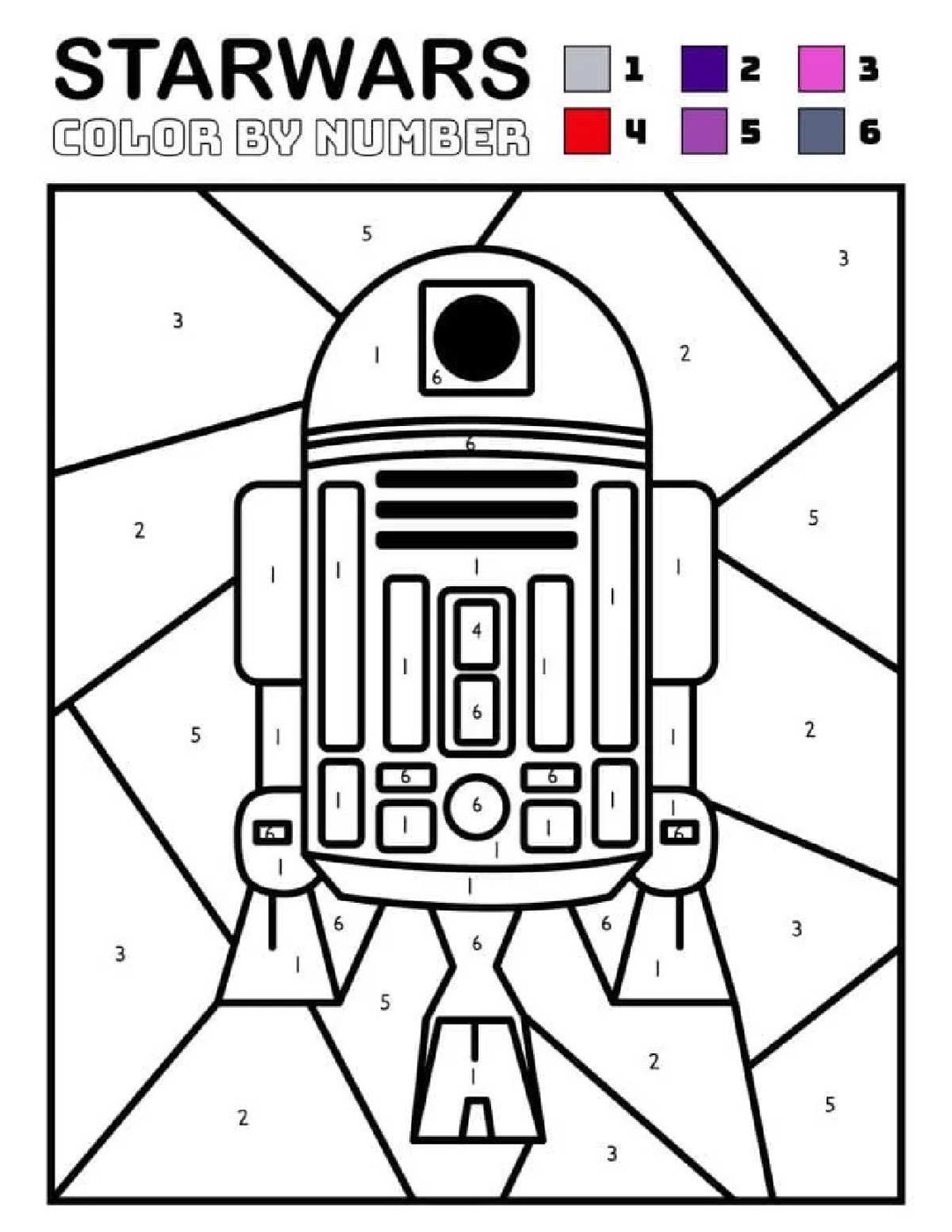 Coloring Pages Star Wars: Color-by-number page of R2-D2 from Star Wars, featuring a color key with purple, gray, and red tones.