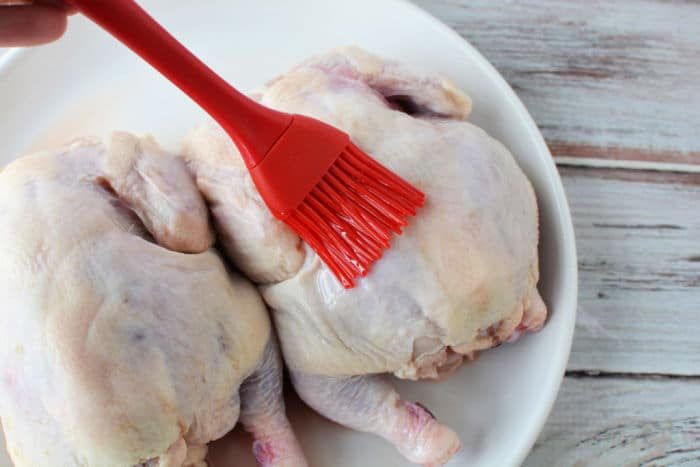 A red brush applies oil to a raw game hens on a white plate, setting the stage for a culinary delight. For those wondering how long to cook Cornish hen in an air fryer, this preparation hints at flavors yet to unfold.