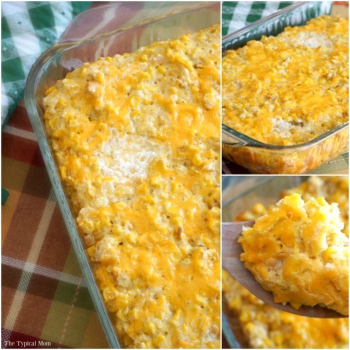 A Jiffy cream corn casserole in a glass dish rests on a checkered tablecloth, its cheesy aroma filling the air as a wooden spoon serves up a hearty portion.