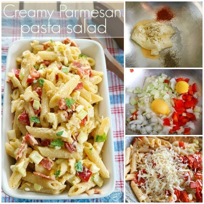 Collage of Creamy Pasta Salad with Mayo showing steps: mixing mayonnaise, spices, onions, and peppers; adding eggs and pasta; topping with cheese.