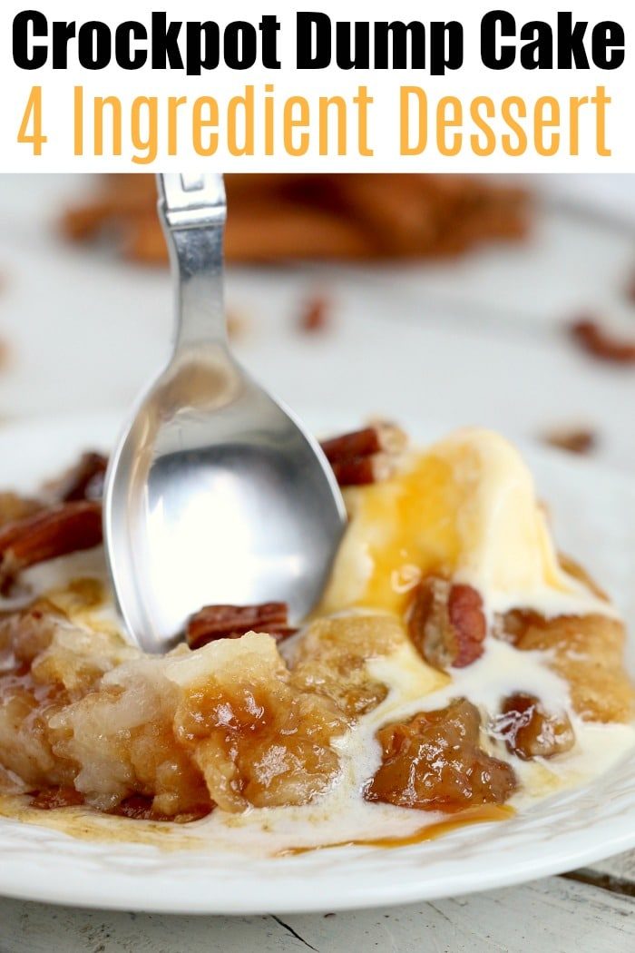 A spoon scoops a portion of crockpot apple dump cake with visible nuts and sauce, labeled as a 4 ingredient dessert.