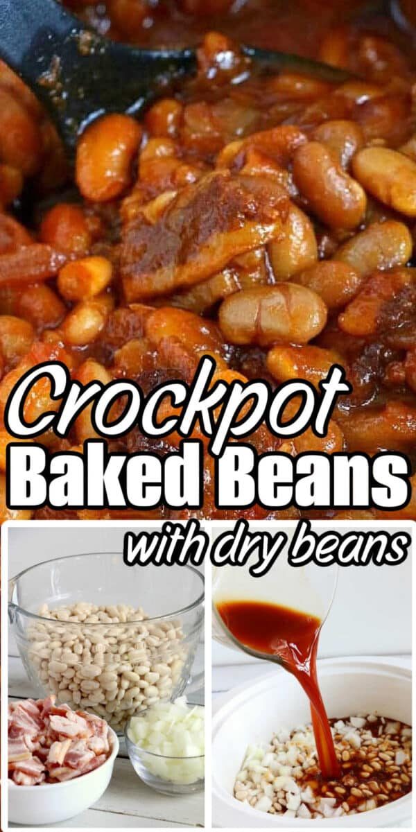 Close-up of baked beans in sauce, with ingredients like dry beans, bacon, and sauce in separate bowls—solid for making a Crockpot Baked Beans Recipe with Dry Beans.