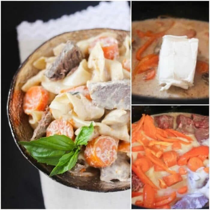 Crockpot beef stroganoff with noodles and carrots, plus close-ups of cream cheese and carrots cooking in a pan.