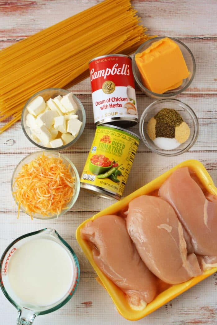 A good array of ingredients for Crockpot Chicken Spaghetti is displayed on the table: raw chicken breasts, spaghetti, cheese, milk, cream soup, diced tomatoes, spices, and butter.