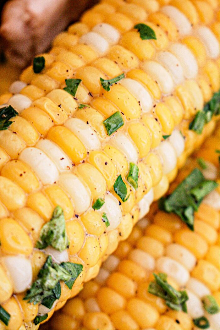 Close-up image of Crockpot Corn on the Cob sprinkled with fresh chopped parsley or cilantro. The corn kernels are alternating yellow and white, showcasing a vibrant and good dish.