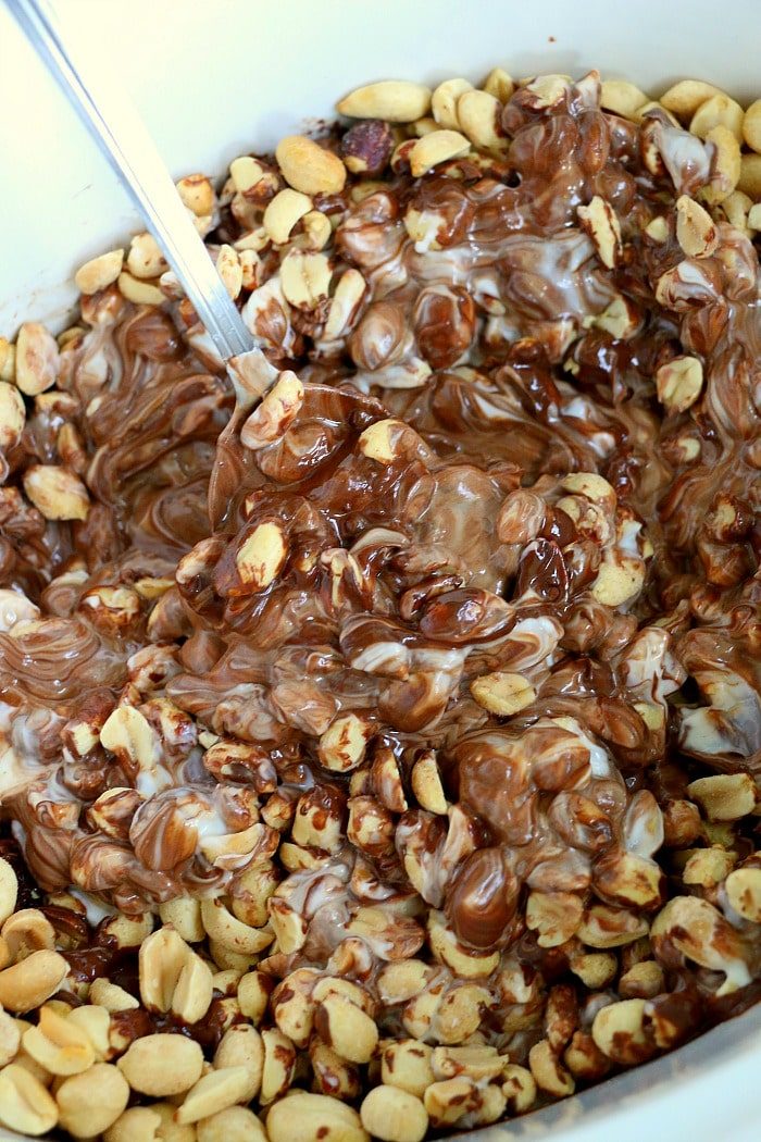 Peanuts mixed with melted chocolate and white cream, stirred together in a bowl with a metal spoon, create irresistible crock pot peanut clusters solid for any sweet craving.