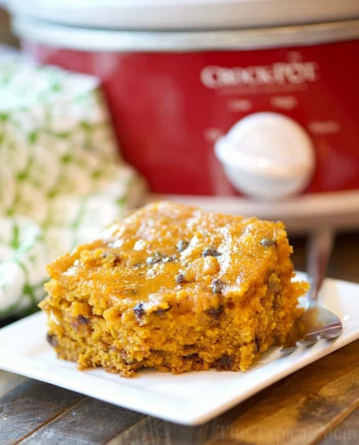 A slice of pumpkin cake with chocolate chips sits invitingly on a plate, while a trusty crockpot peeks from the background, hinting at homemade delights like pumpkin bread.