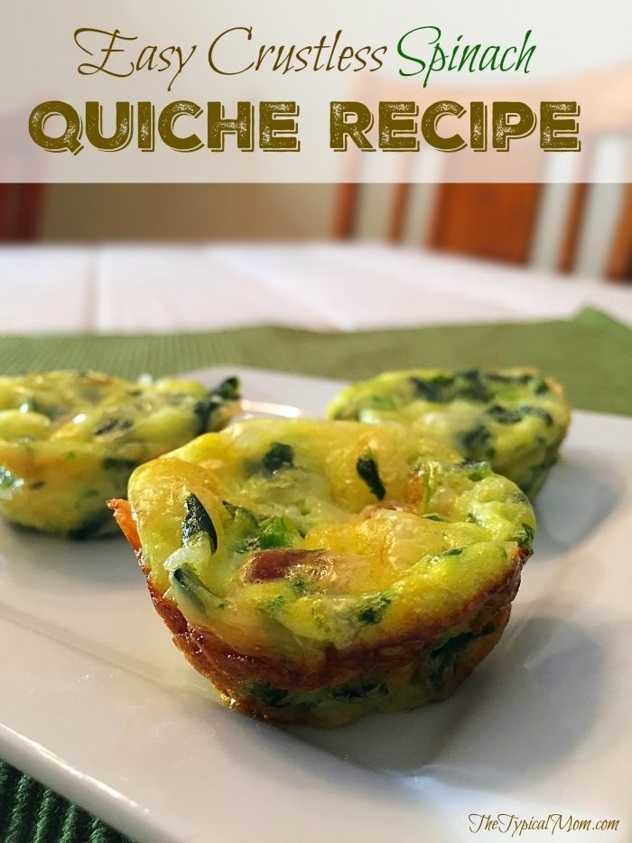 Mini crustless spinach quiches on a white plate with text Easy Crustless Spinach Quiche Recipe above. This simple and good crustless spinach quiche is solid for breakfast, brunch, or a healthy snack.